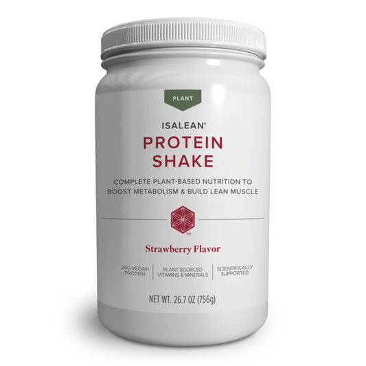 Isagenix IsaLean plant-based shake bottle pouring strawberry flavor for a protein boost.