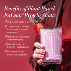Isagenix IsaLean strawberry shake in a glass ready as a vegan energy option.
