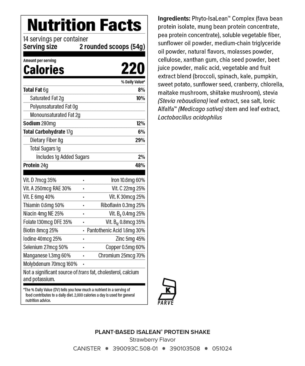 Isagenix IsaLean shake label front highlights strawberry flavor and vegan protein.