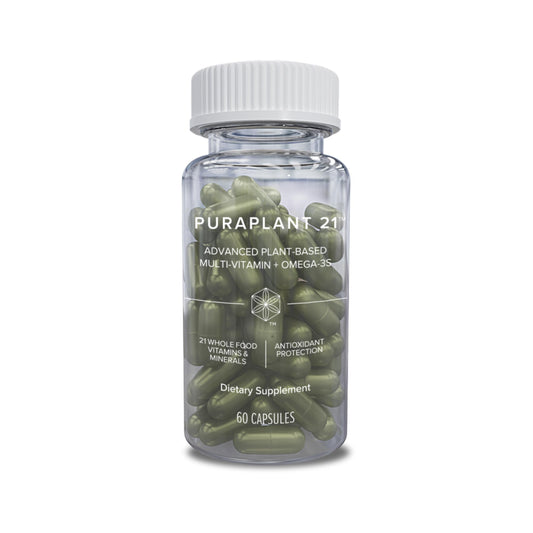Isagenix PuraPlant21 bottle with capsules for daily plant-based nutrition.