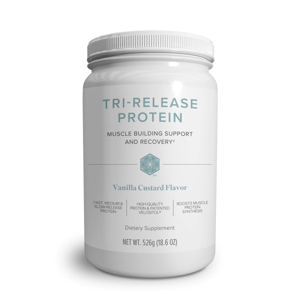 Isagenix Tri-Release canister with Vanilla Custard for post-workout recovery