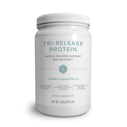 Isagenix Tri-Release canister with Vanilla Custard for post-workout recovery