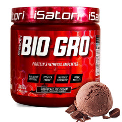 iSatori BIO-GRO tub front close-up highlighting protein formula for muscle recovery support