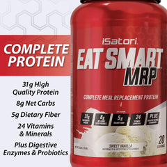 Close-up of iSatori Eat Smart MRP label highlighting protein sources