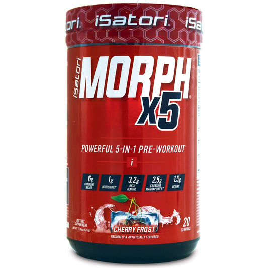 iSatori Morph X5 Cherry Frost scoop close-up for quick pre-workout serving