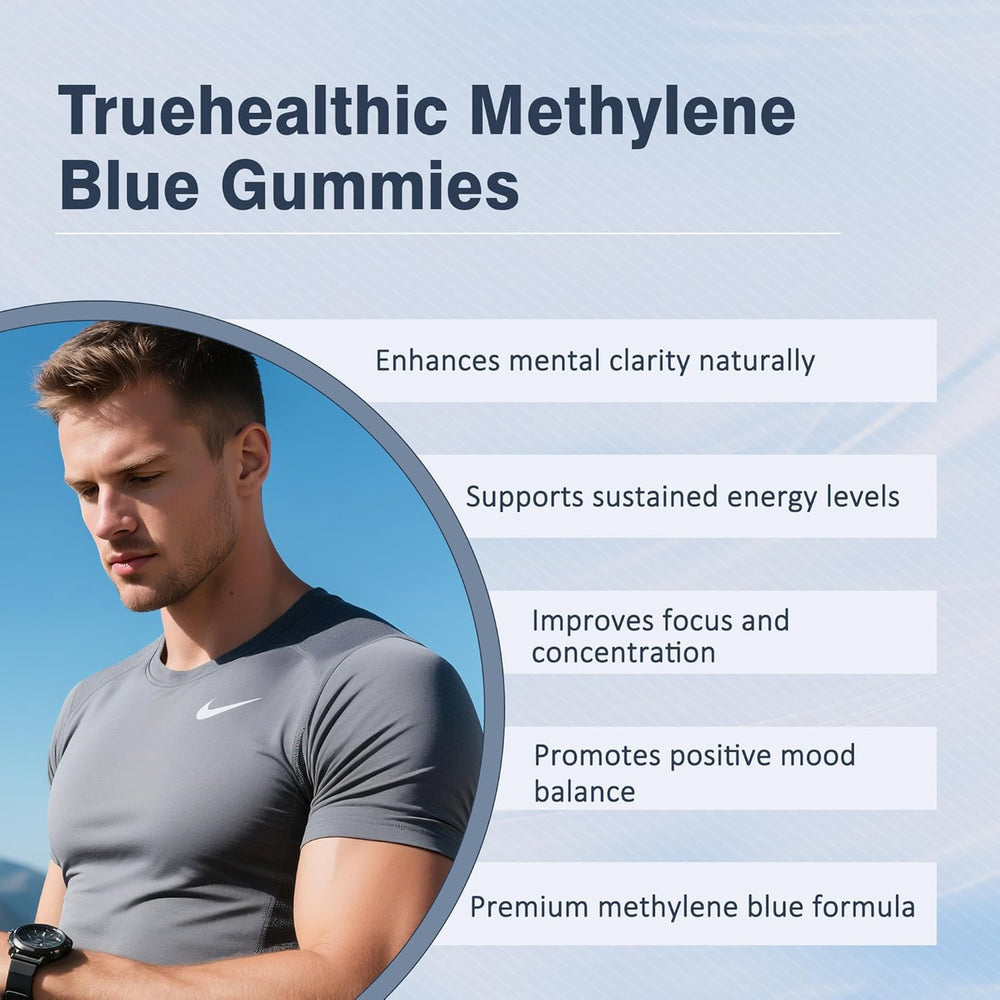 iscentan Truehealthic Methylene Blue Gummies bottle on a wooden surface for on the go.