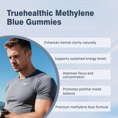 iscentan Truehealthic Methylene Blue Gummies bottle on a wooden surface for on the go.