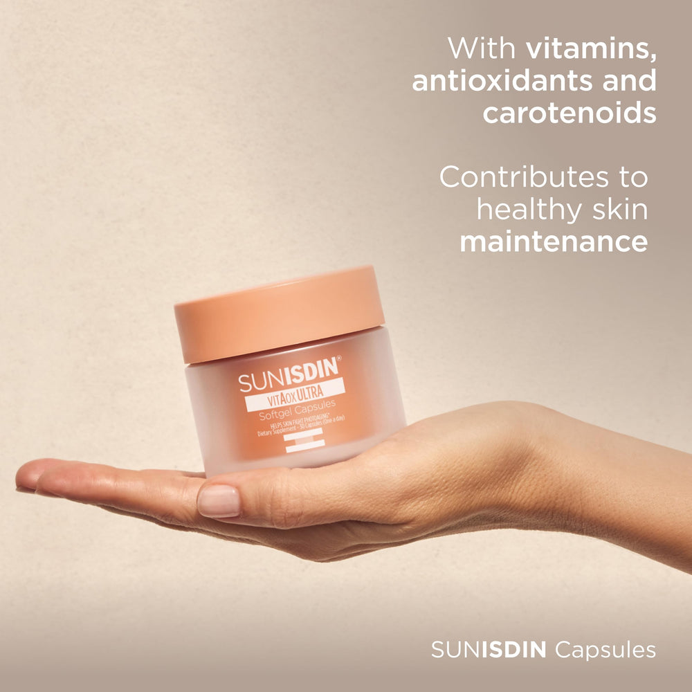 ISDIN SunISDIN label close-up featuring vitAox ULTRA for skin support.
