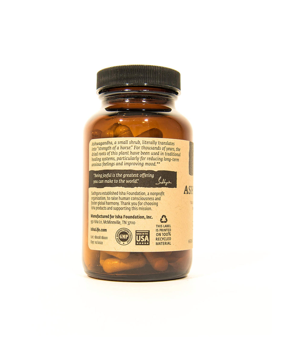 ISHA Ashwagandha supplements packaging with bottle and box for convenient daily use.