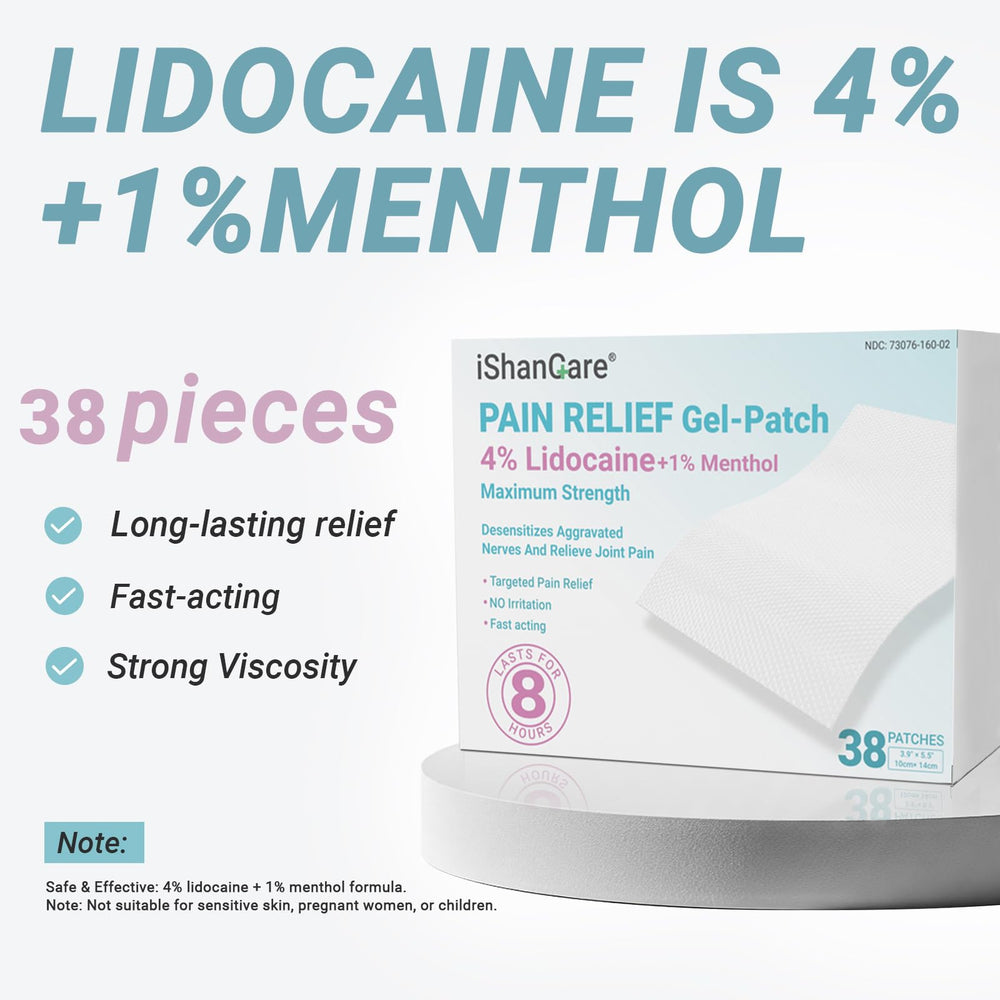 Ishancare lidocaine-menthol patch on neck and shoulders for upper-area relief.