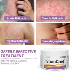 ishancare Urticaria Cream bottle pour demonstrates fast absorption on skin