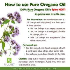 Island Nutrition oregano oil organic certification stamp on the label.
