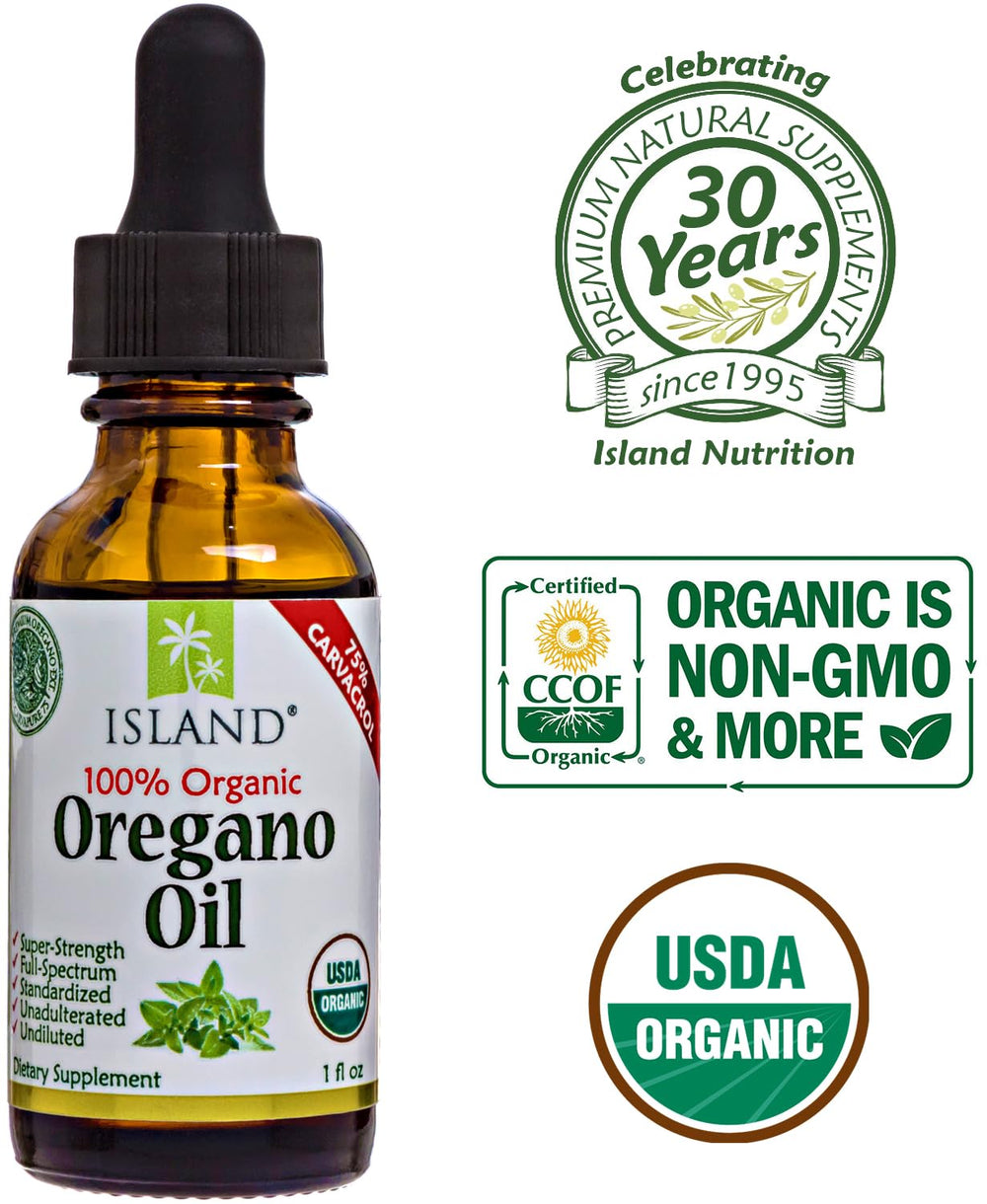 Island Nutrition oregano oil USDA Organic label close-up signaling trusted quality.