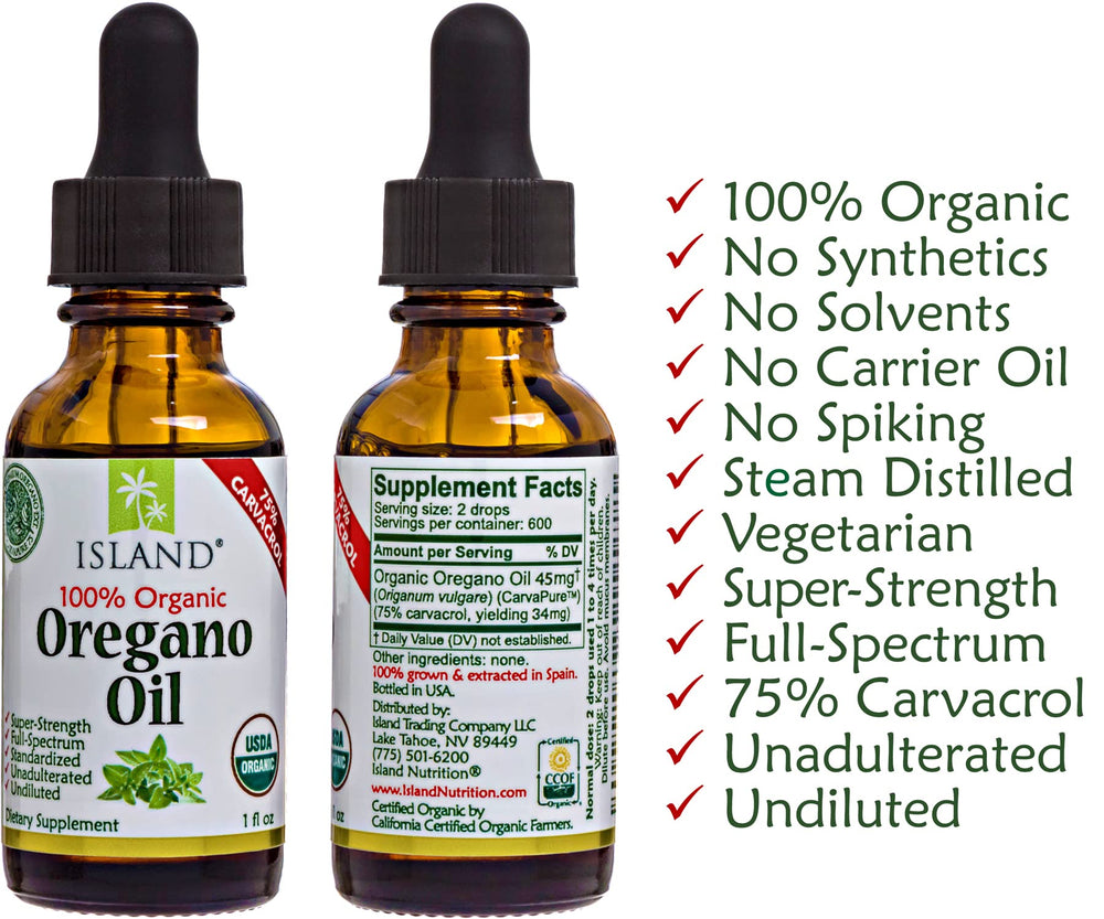 Island Nutrition oregano oil bottle and dropper suggesting easy routine use.