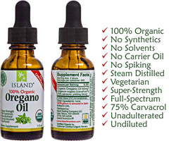 Island Nutrition oregano oil bottle and dropper suggesting easy routine use.