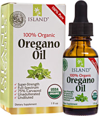 Island Nutrition oregano oil drops bottle close-up showing pure, undiluted drops for potential immune support.