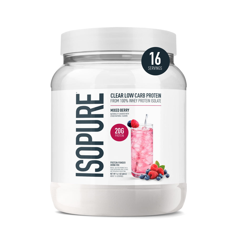 Isopure Clear Whey Isolate bottle shows lactose-free protein for a clean daily boost.
