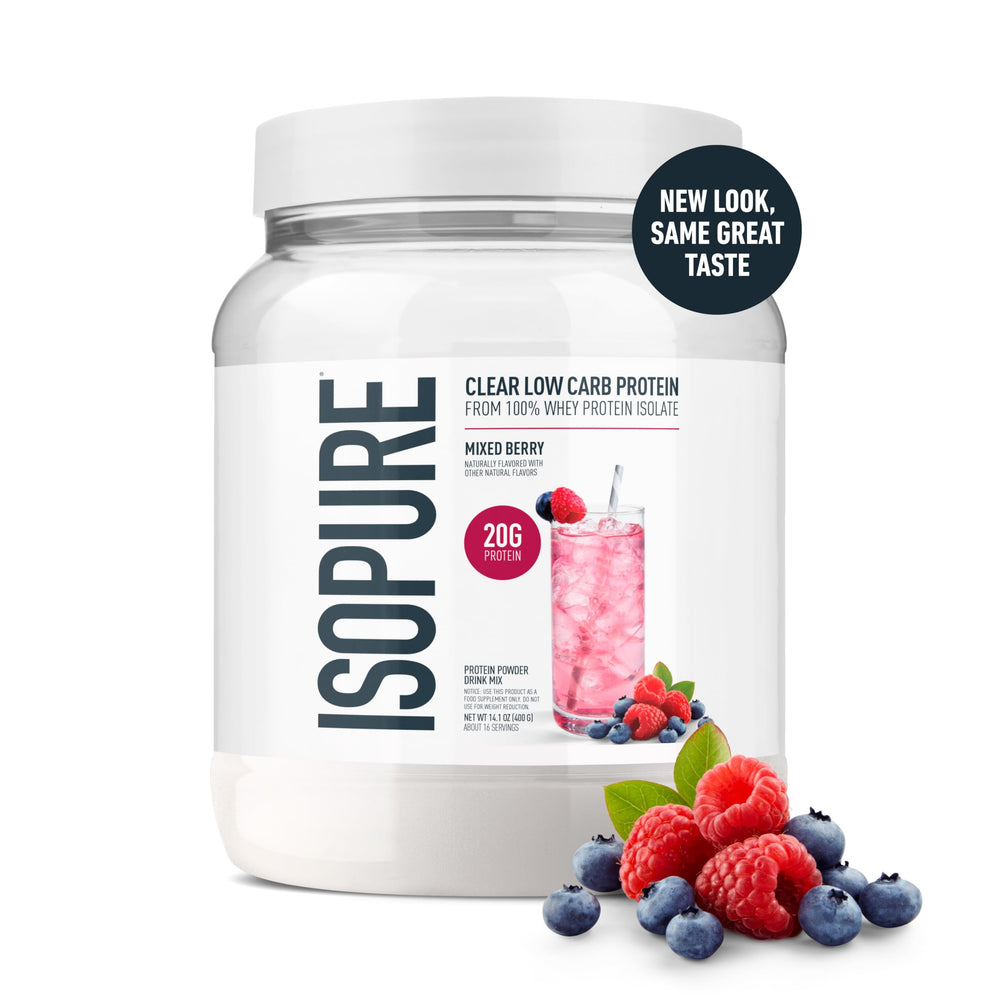 Isopure Clear Whey Isolate glass with mixed berry pour highlights refreshing, low-carb protein.