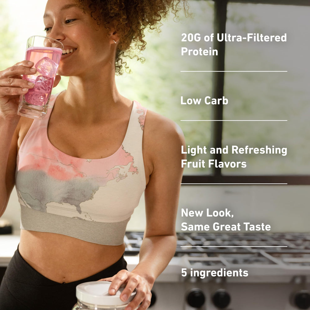 Isopure Clear Whey Isolate label front emphasizes five-ingredient formula.
