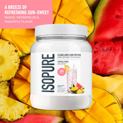 Pouring tropical punch Isopure into a glass highlights a light, non-creamy protein drink.