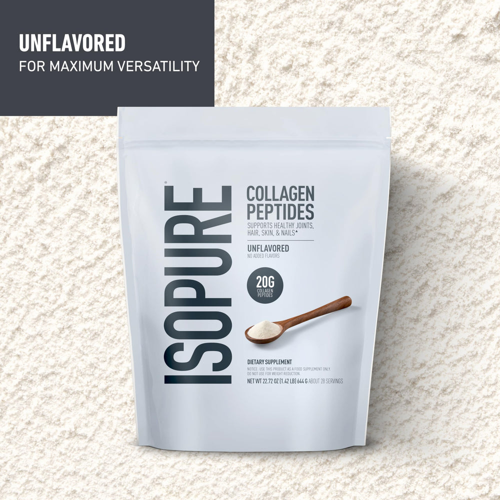 Isopure Collagen Peptides in a glass, dissolves easily for beverages.