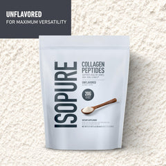 Isopure Collagen Peptides in a glass, dissolves easily for beverages.