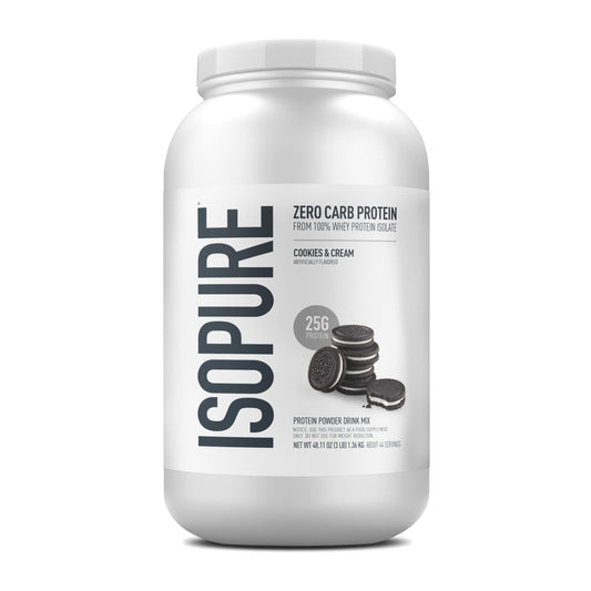 Isopure Cookies & Cream tub with 25g protein per serving for daily nutrition.
