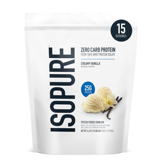 Isopure Creamy Vanilla whey protein powder in 1lb bag for high-protein shakes