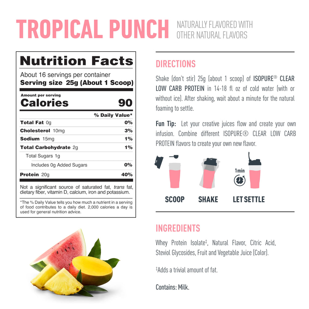 Isopure low-carb five-ingredients label shown on the product packaging.