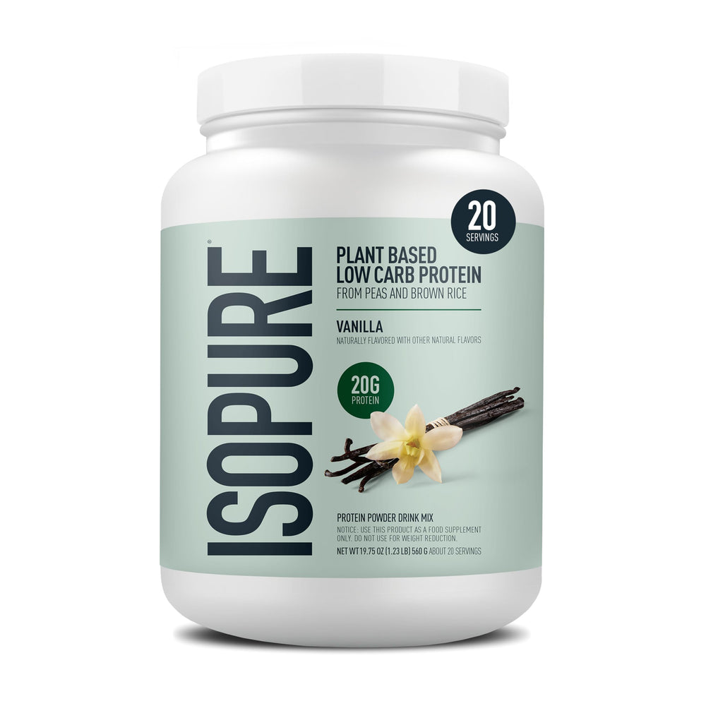 Isopure plant-based protein powder vanilla container for easy daily protein intake
