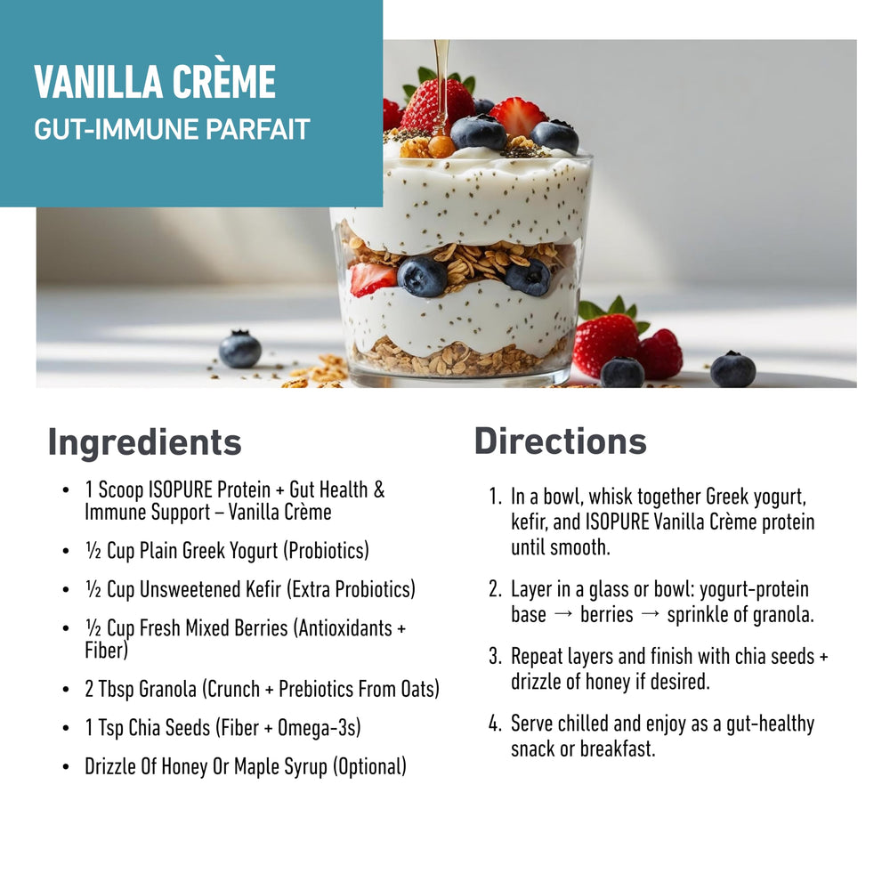Isopure Protein + Gut Health Vanilla Creme prebiotic scoop illustrating digestive wellness support