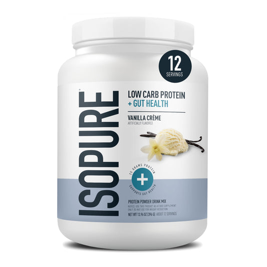 Isopure Protein + Gut Health Vanilla Creme scoop highlighting 25g protein and prebiotics for digestion support