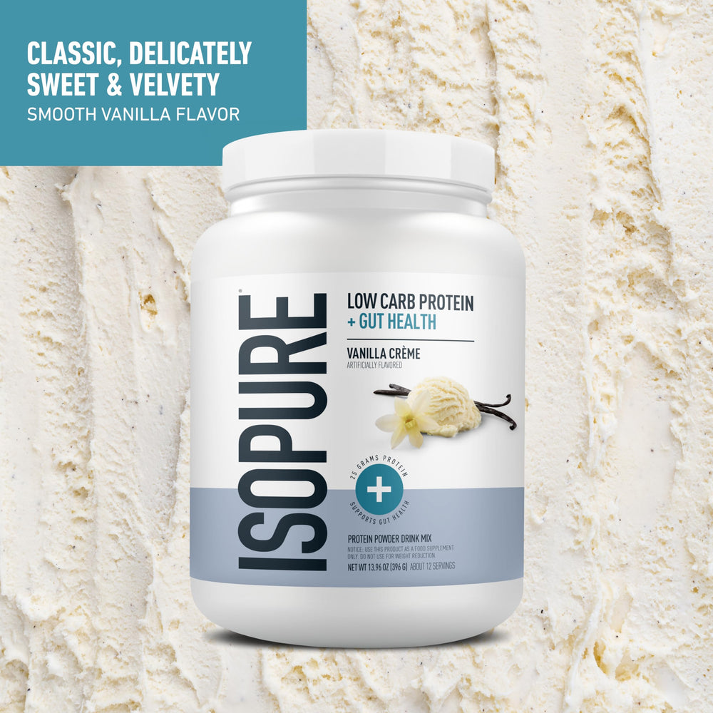 Isopure Protein + Gut Health Vanilla Creme tub on display for daily nutrition