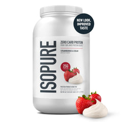 Isopure Strawberries & Cream powder scoop pouring into glass for low-carb shakes