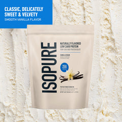 Isopure Vanilla Bean whey isolate powder bag close-up highlights purity.