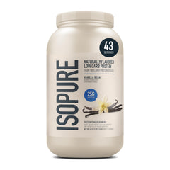 Isopure vanilla whey isolate container showing 25g protein per serving.