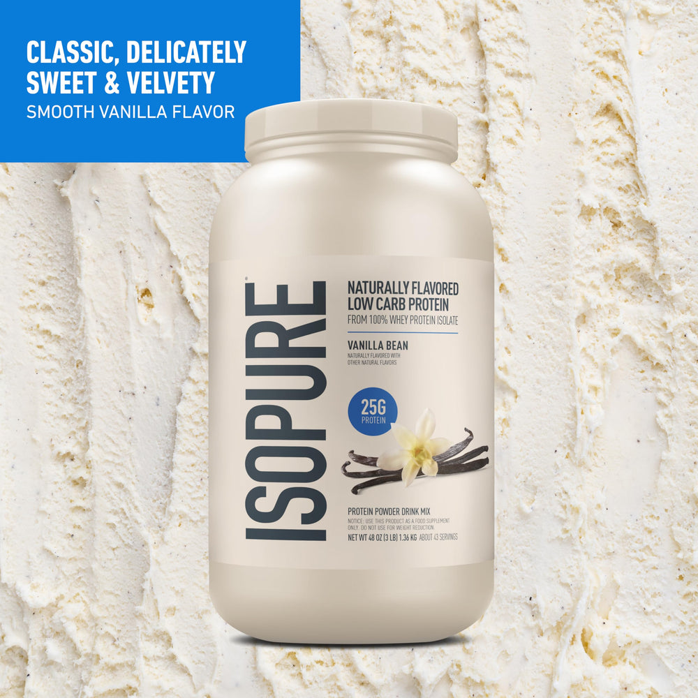 Scoop of Isopure vanilla whey isolate ready for a quick shake.