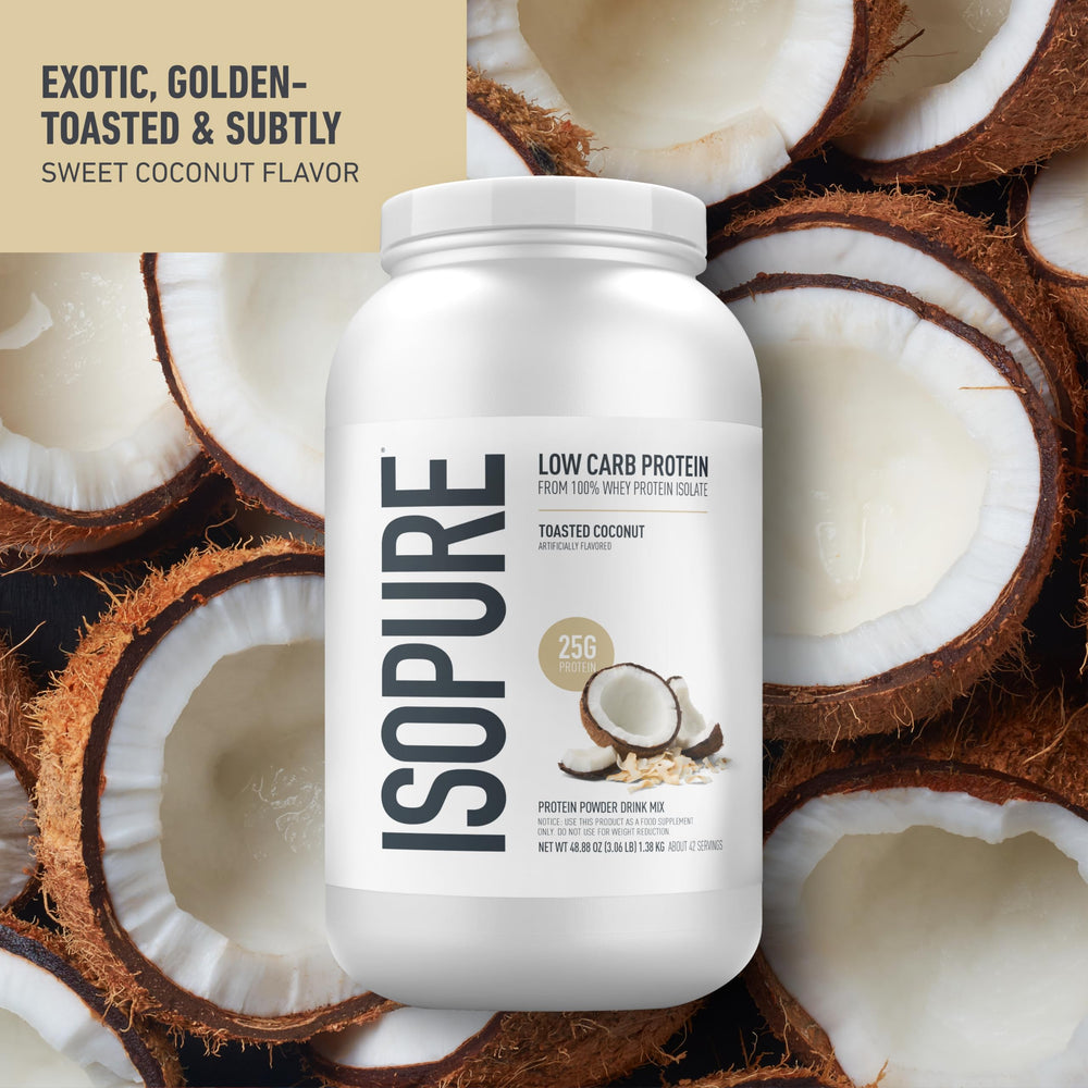 Isopure whey isolate powder label highlights 0g sugar and vitamins
