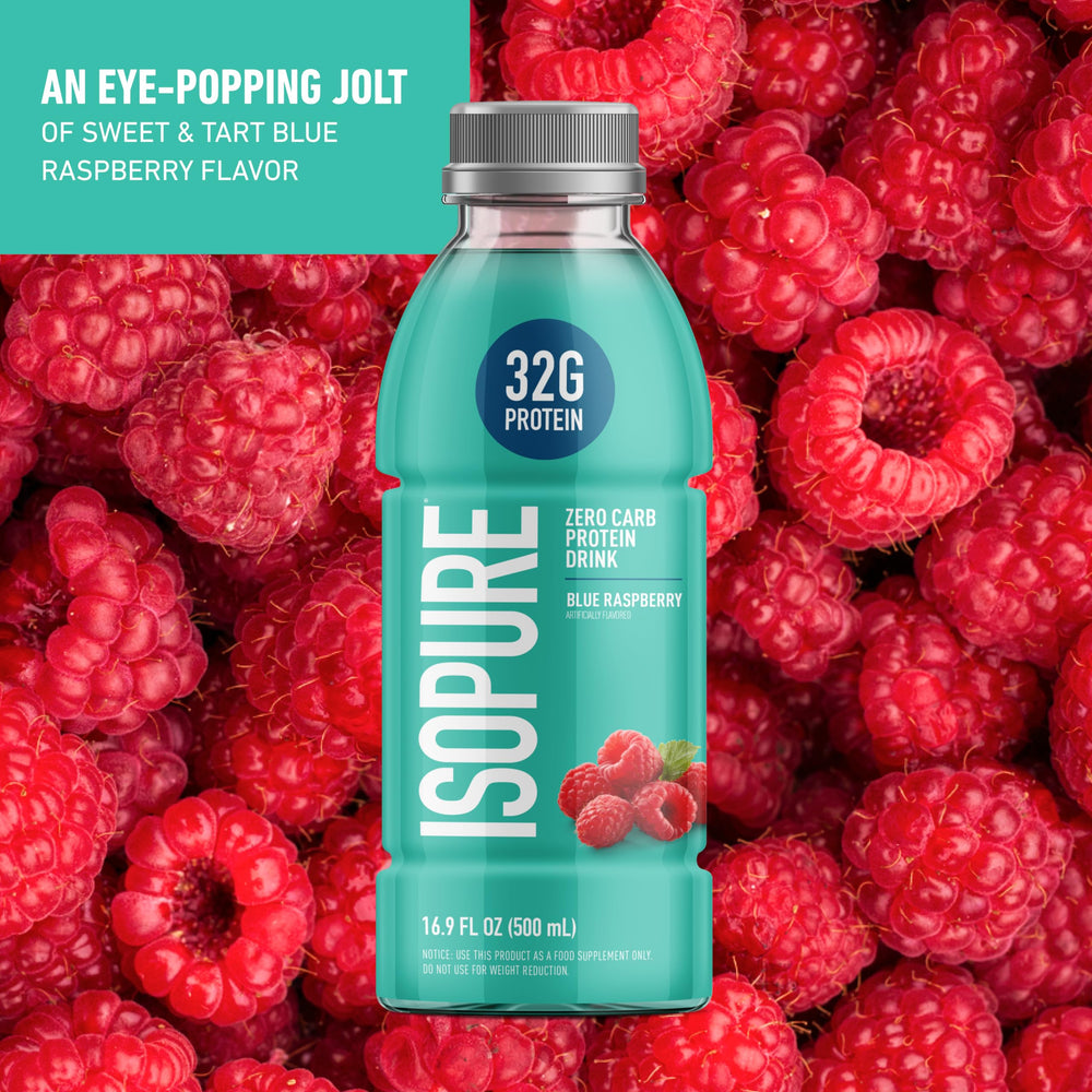 Isopure Blue Raspberry label closeup showing 32g protein per serving