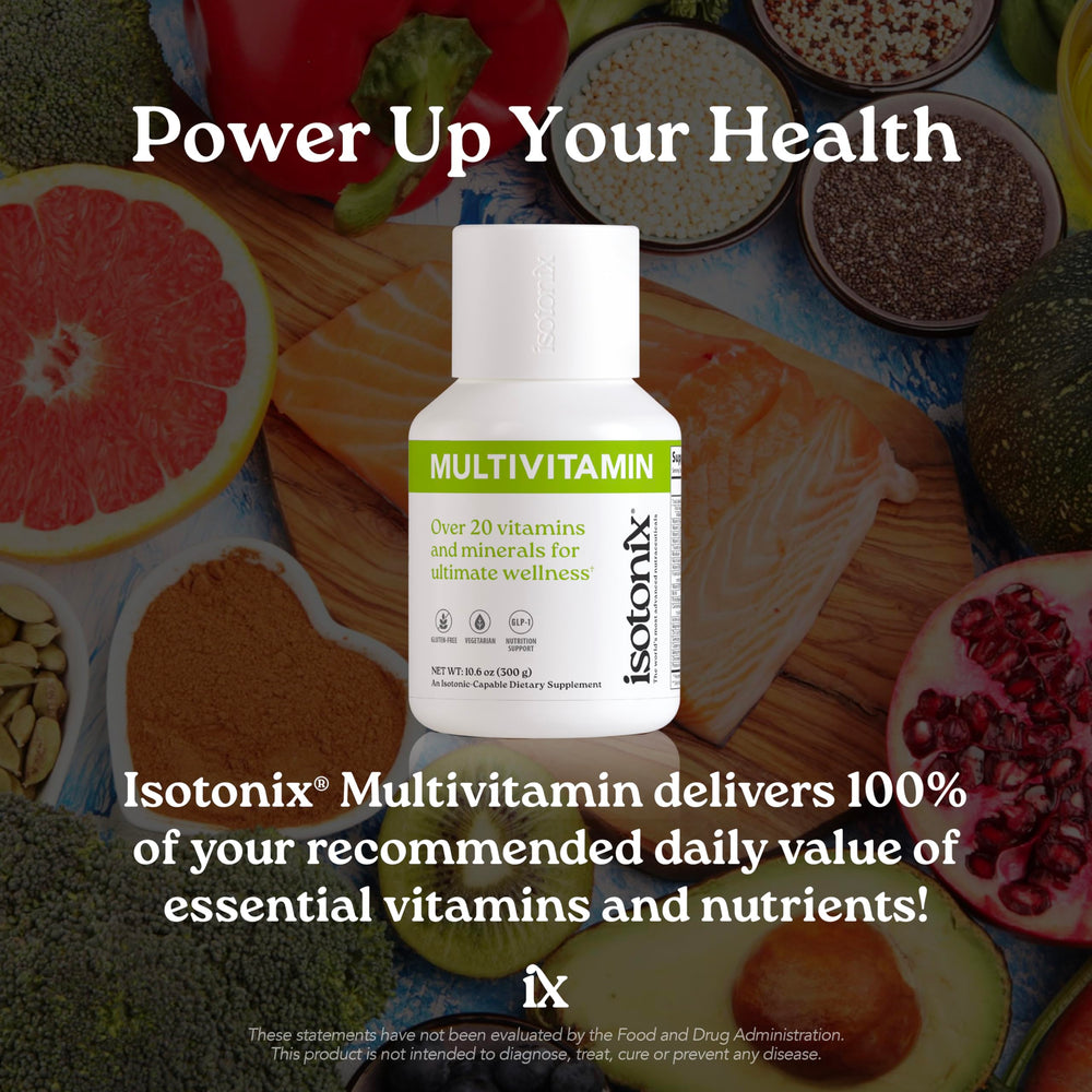 Isotonix Multivitamin Powder Without Iron jar opened shows fast-mix isotonic solution for quick hydration.