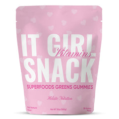 It Girl Vitamins Organic Super Greens Gummies bottle with pink hearts for gut-friendly daily nutrition