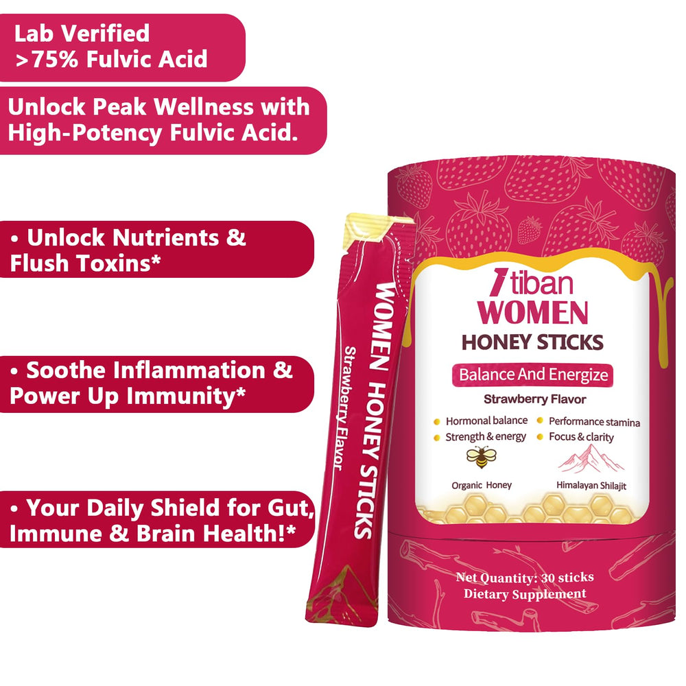 Itiban Shilajit Honey Sticks with 75%+ fulvic acid boosts natural vitality.