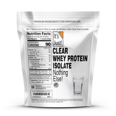 Its Just! Clear Whey Isolate powder scoop highlights a flavor-free protein base for customizable recipes.