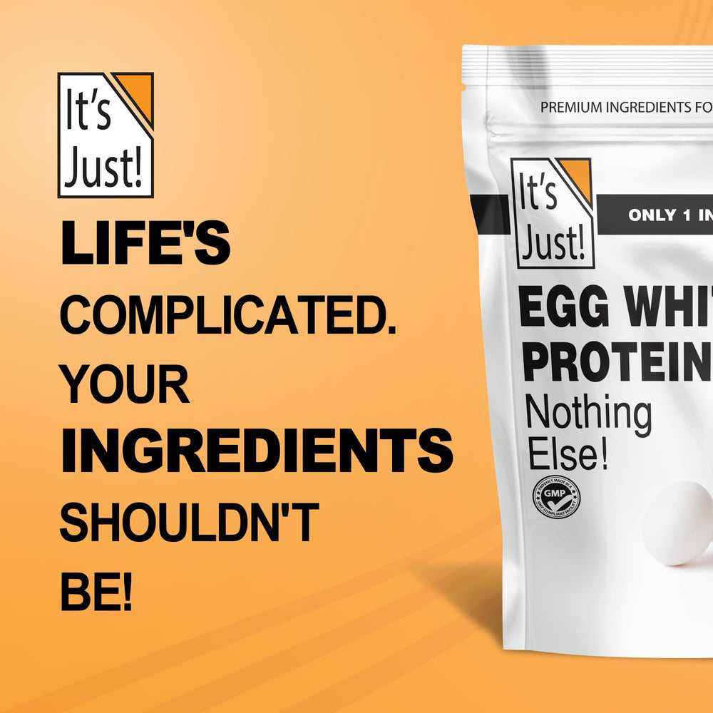 It's Just! egg white protein powder packaging label highlights one-ingredient purity