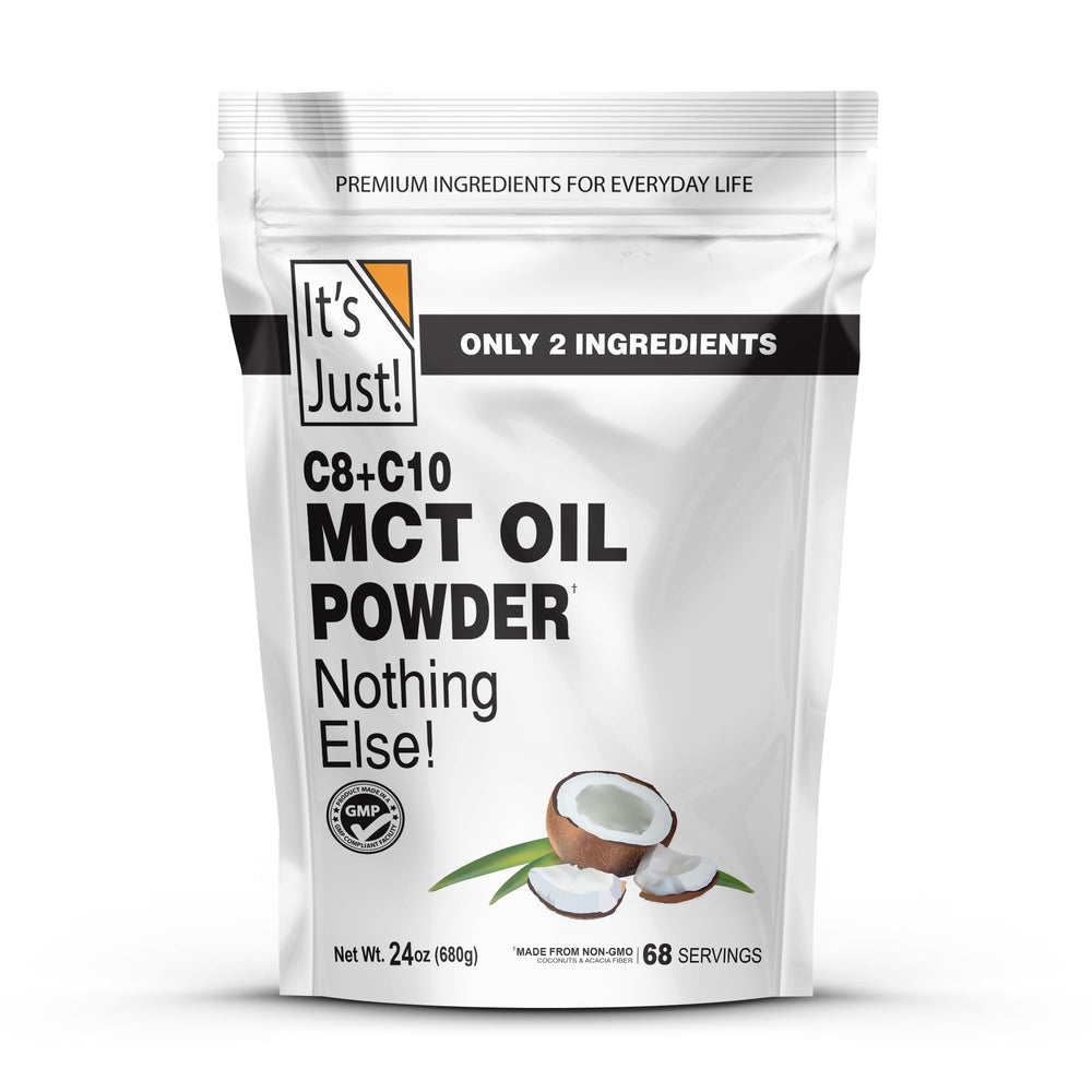 It's Just! MCT Oil Powder bottle front, highlighting keto-friendly energy source.