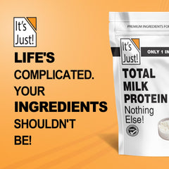 Its Just! Total Milk Protein Concentrate label closeup highlights 80/20 casein-whey composition.