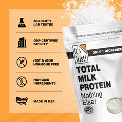 Its Just! Total Milk Protein Concentrate scoop beside packaging shows clean, single-ingredient protein.