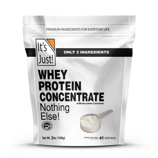 Its Just whey protein concentrate bottle pouring for a quick protein boost