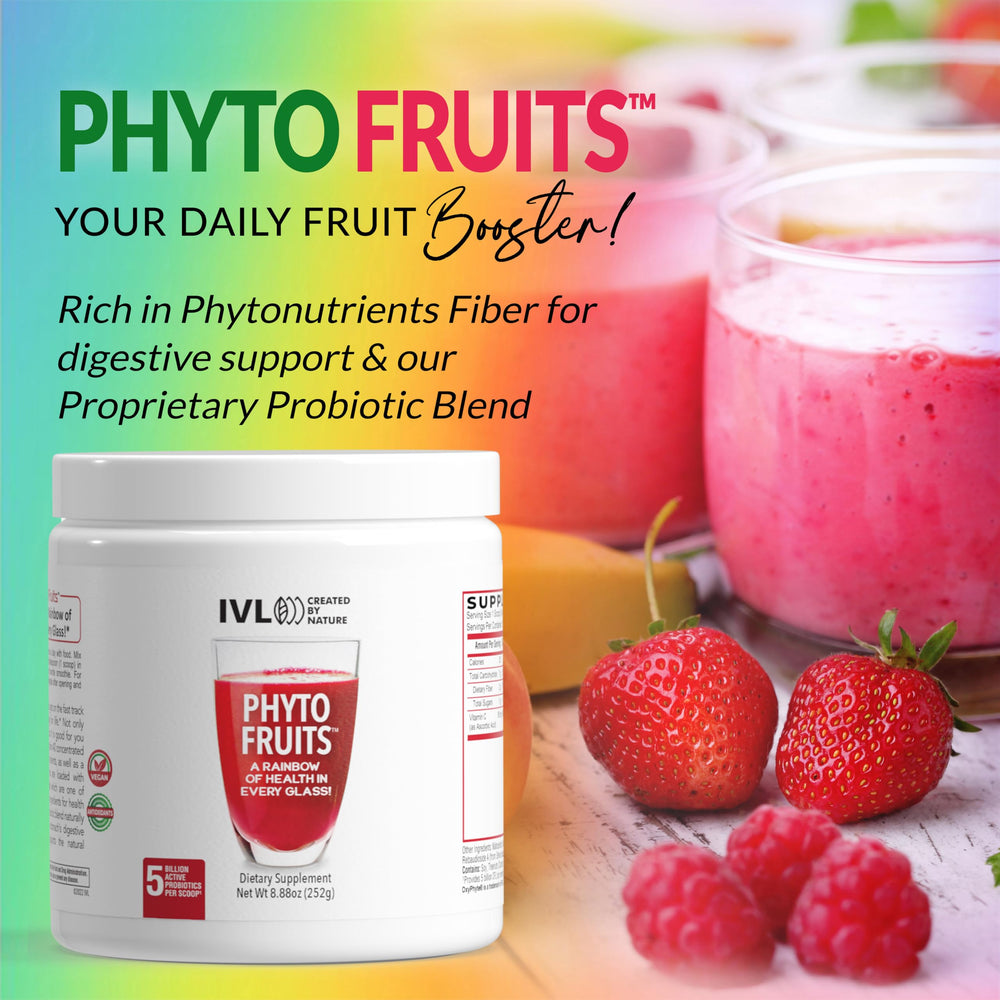 IVL Phyto Fruits packaging and 8.88 oz size on display.