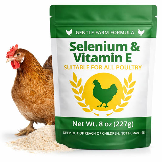 IVULTRA selenium vitamin E powder for chickens — clear bottle label highlights immune support.
